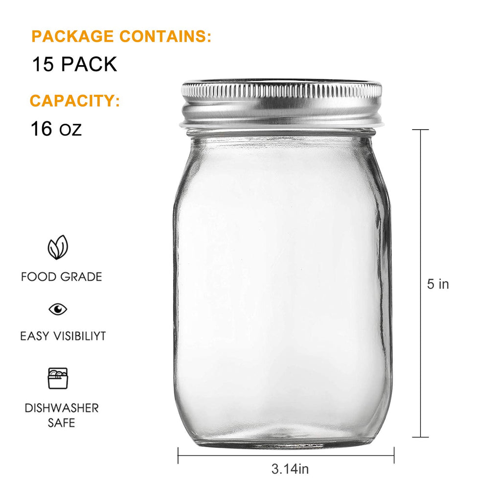 16 Pack 16 oz Glass Mason Jars with Airtight Lids E56225