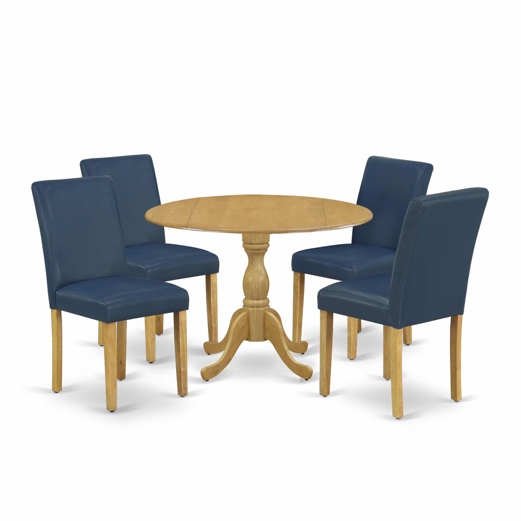 5 Piece Oak Dining Set with Dropleaf Table and 4 Blue Chairs L76910