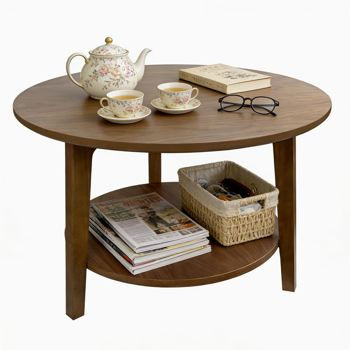 2-Tier Round Wood Coffee Table with Storage Shelf R43322