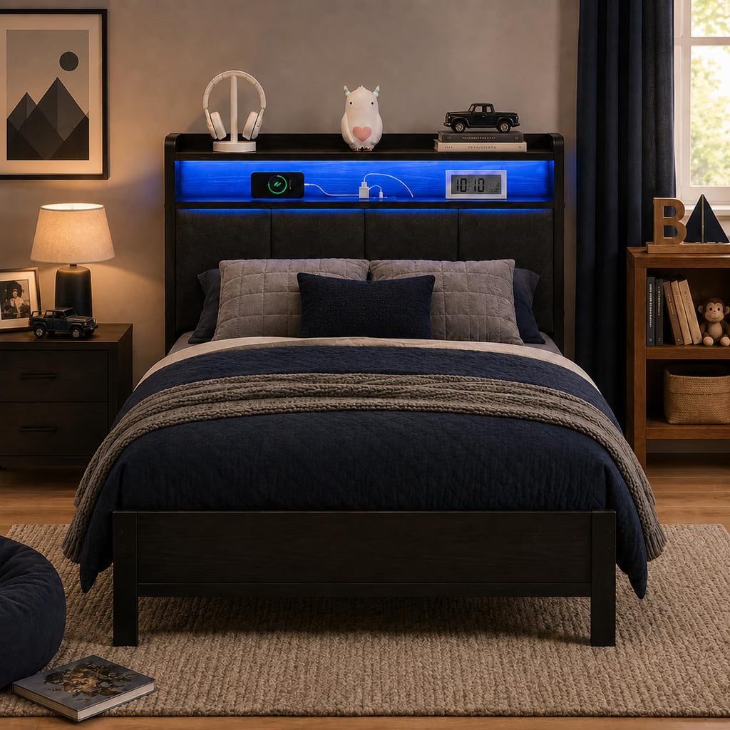 Dark Grey Twin Bed Frame with LED Lights and Charging Station N97989