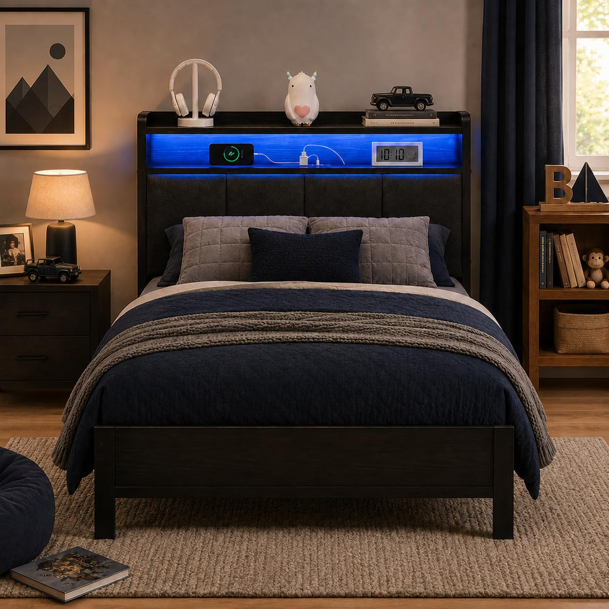 Dark Grey Twin Bed Frame with LED Lights and Charging Station N97989