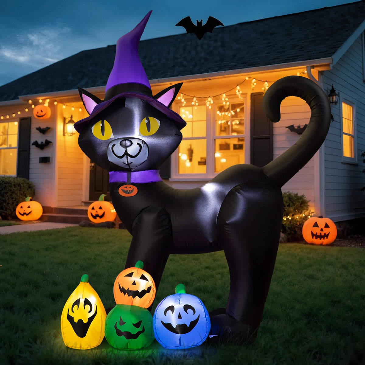 6FT Inflatable Black Cat with Witch Hat and 4 Pumpkins L91177
