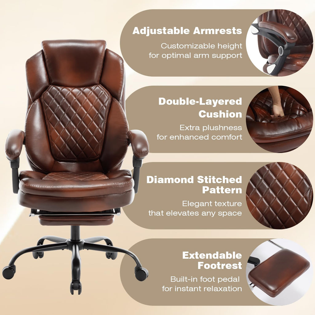 Brown Leather Reclining Office Desk Chair with Foot Rest B578