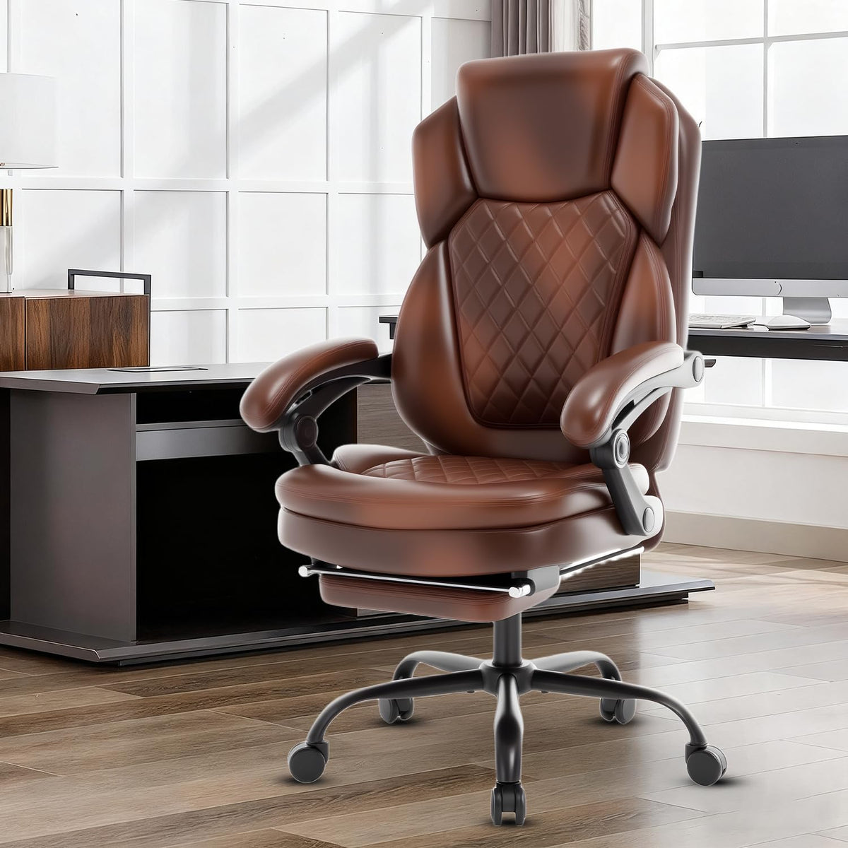 Brown Leather Reclining Office Desk Chair with Foot Rest B578