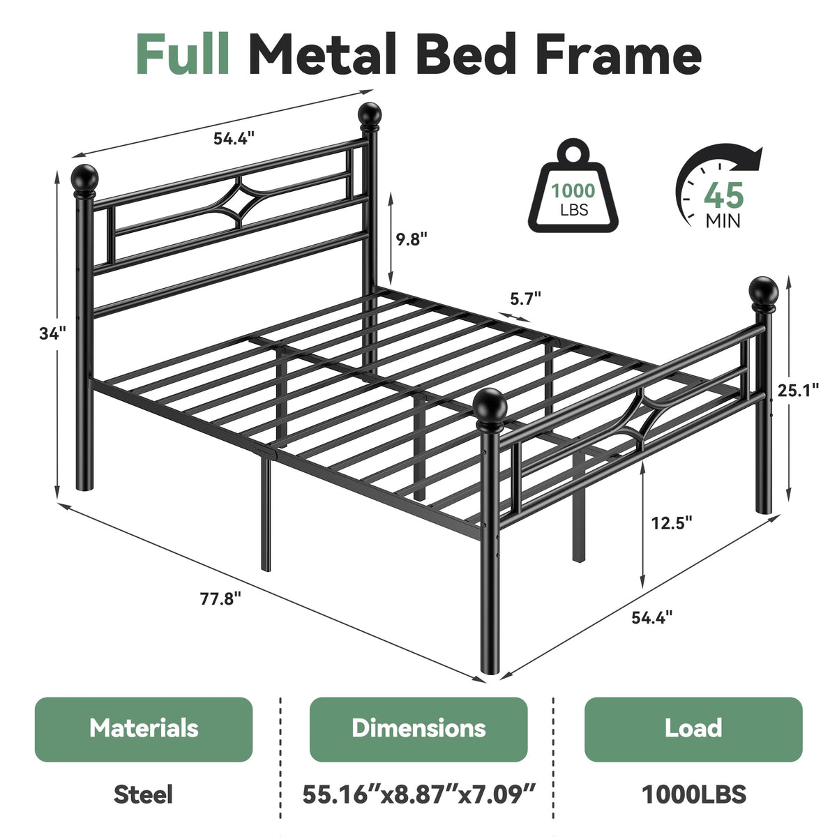 Black Full Metal Platform Bed Frame with Headboard and Footboard F63149