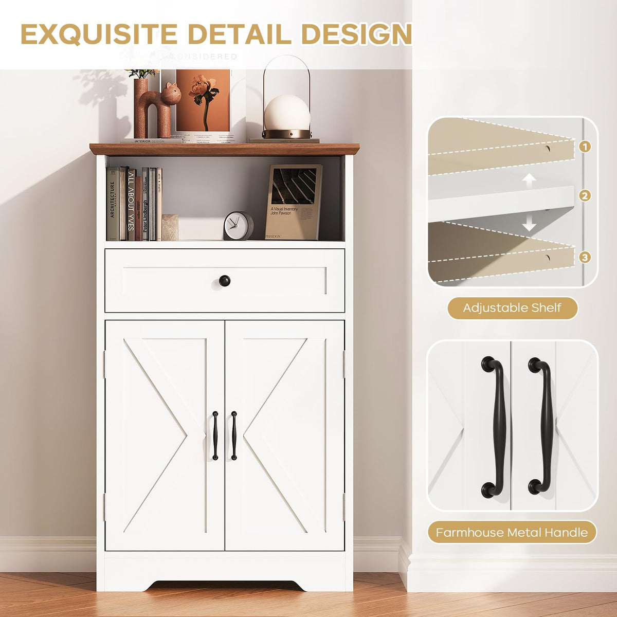 White Storage Cabinet with Barn Doors and Drawers V34825