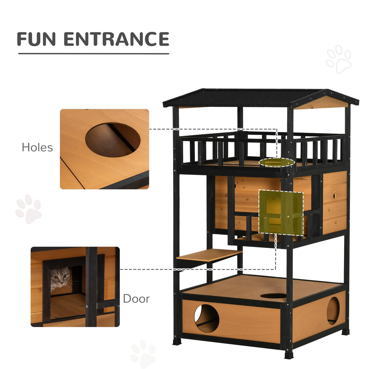 3-Story Wooden Outdoor Cat House with Raised Floor F415576