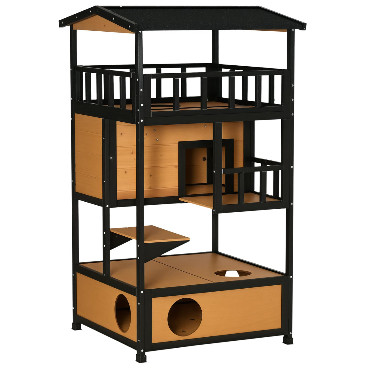 3-Story Wooden Outdoor Cat House with Raised Floor F415576