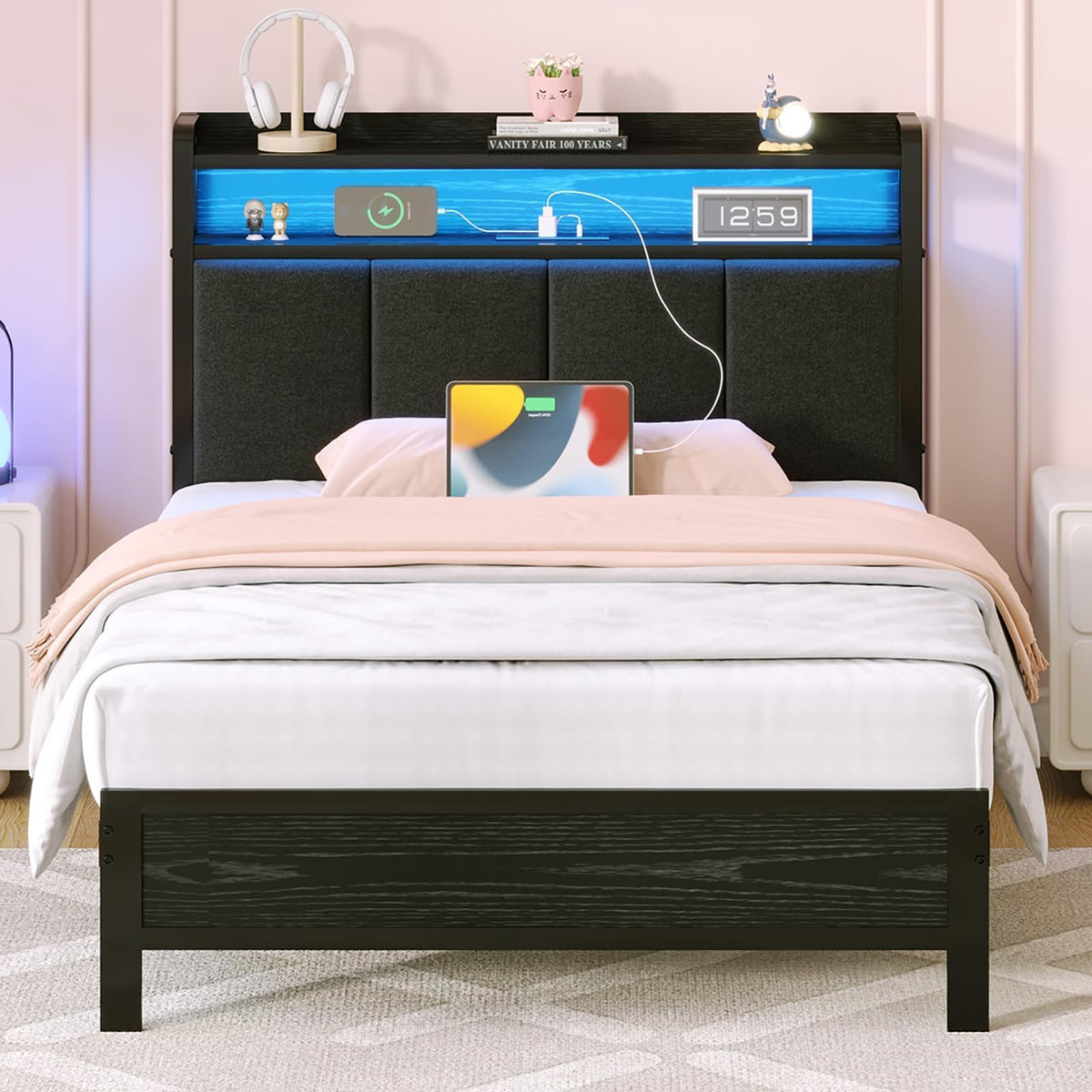 Dark Grey Twin Bed Frame with LED Lights and Charging Station N97989