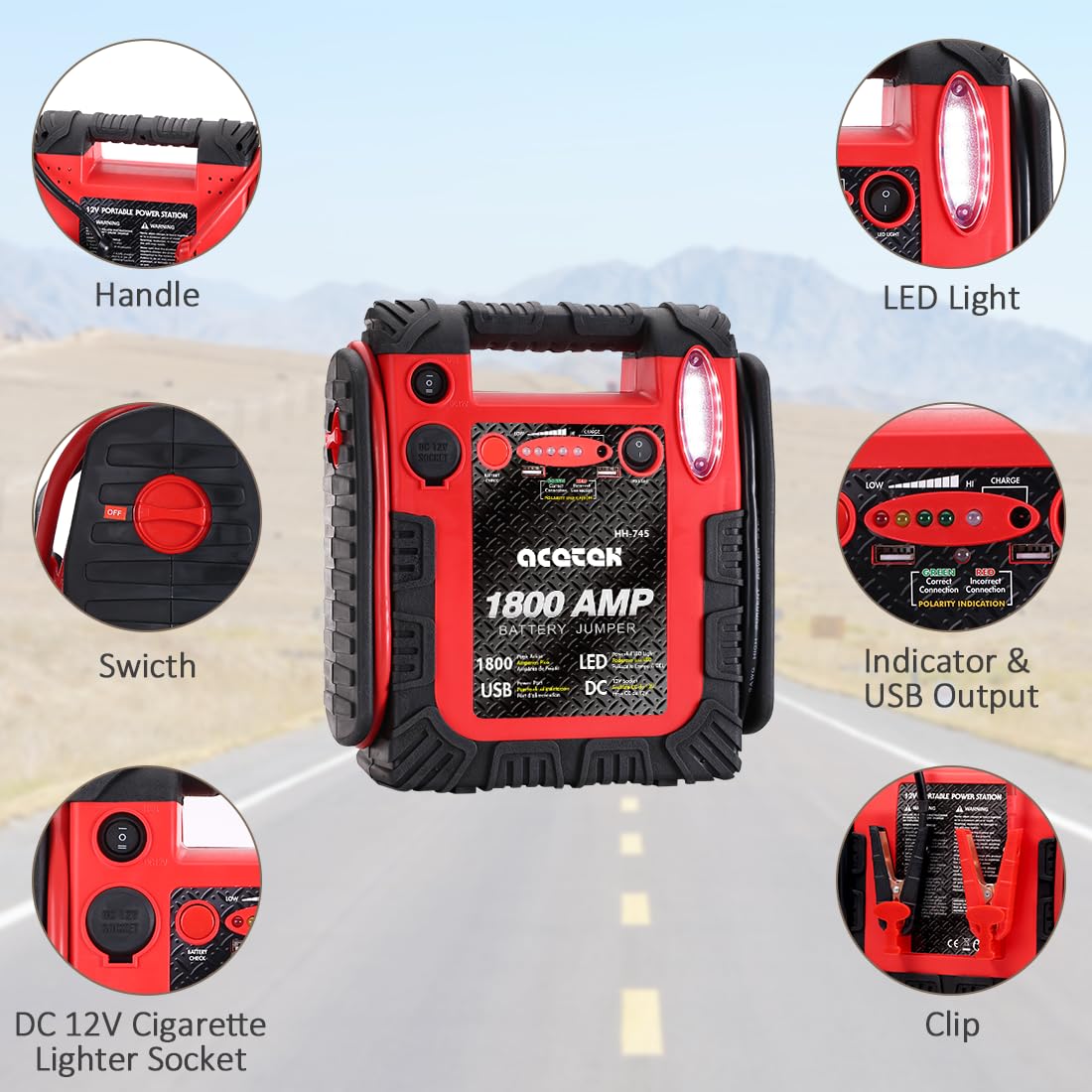 1800A Peak Car Jump Starter, 20000mAh Battery Booster, 12V Portable Power Bank with LED Light W7991
