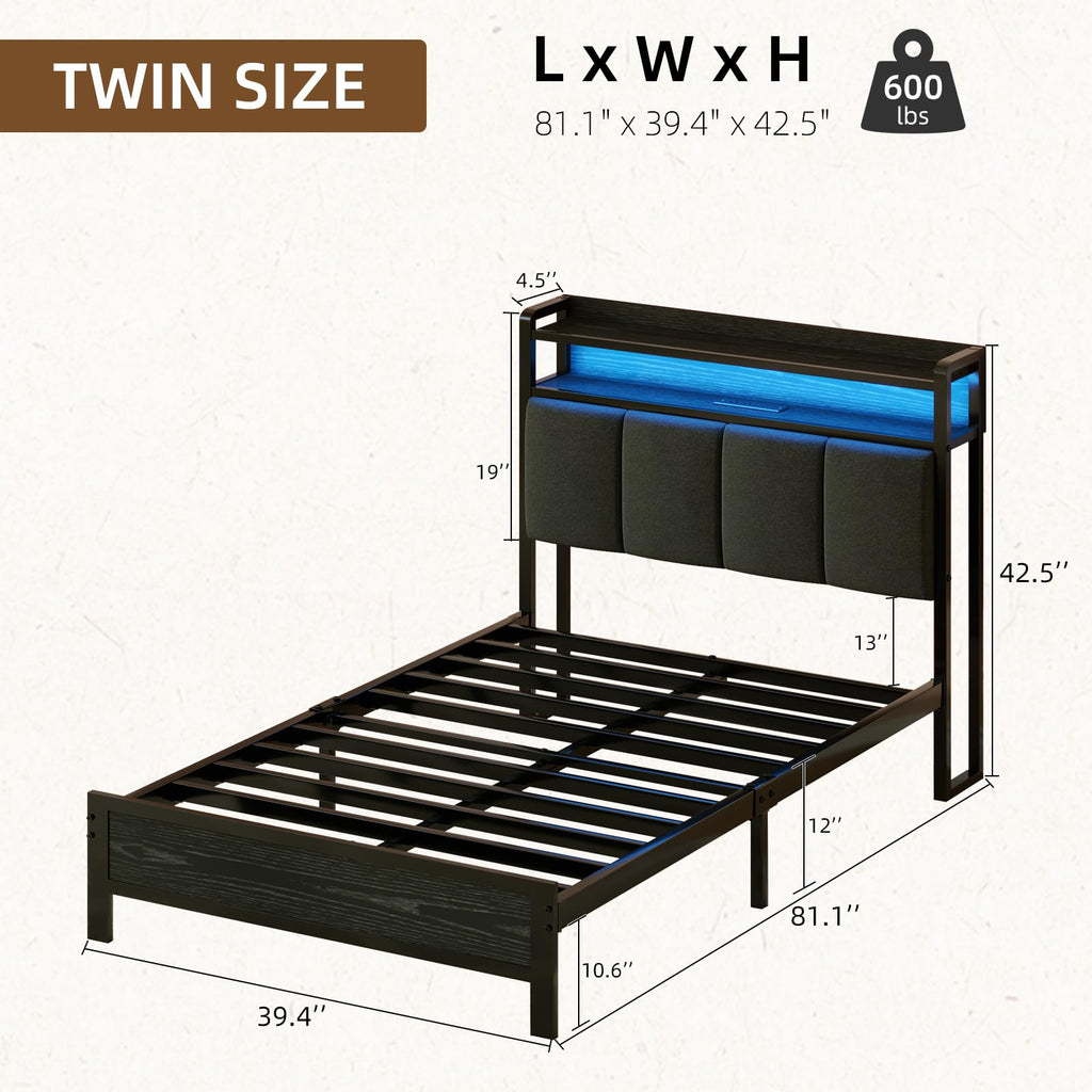 Dark Grey Twin Bed Frame with LED Lights and Charging Station N97989