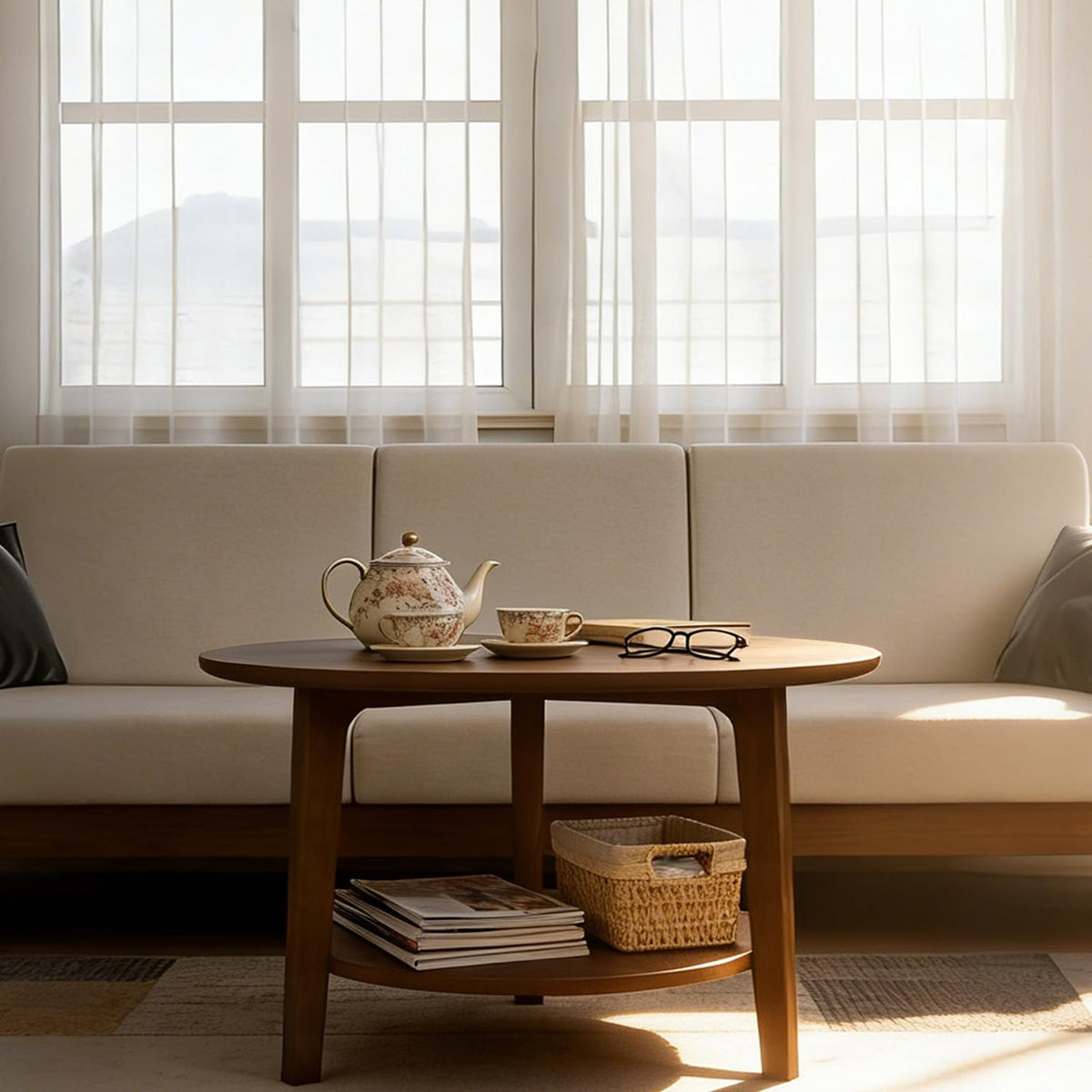 2-Tier Round Wood Coffee Table with Storage Shelf R43322