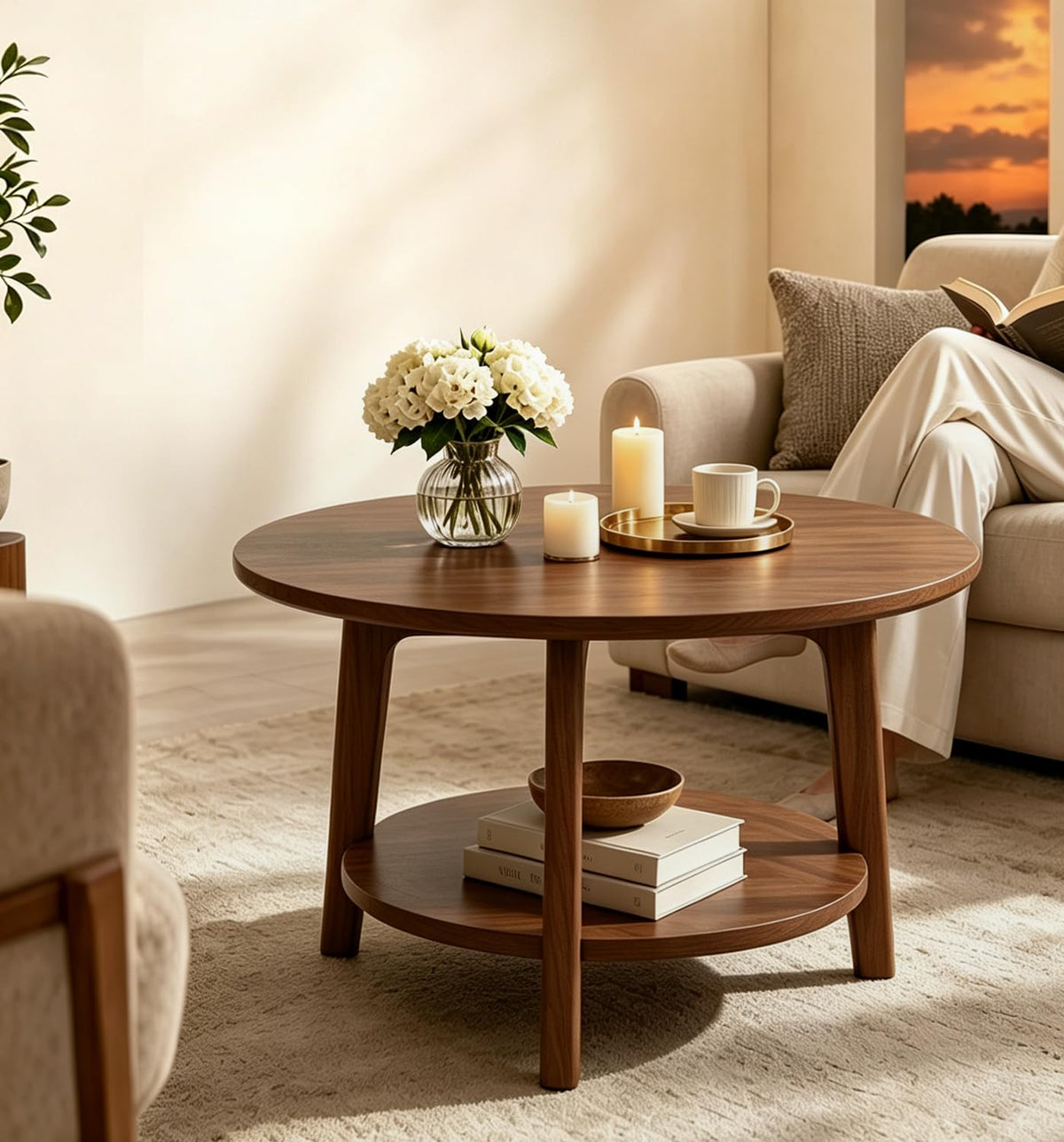 2-Tier Round Wood Coffee Table with Storage Shelf R43322