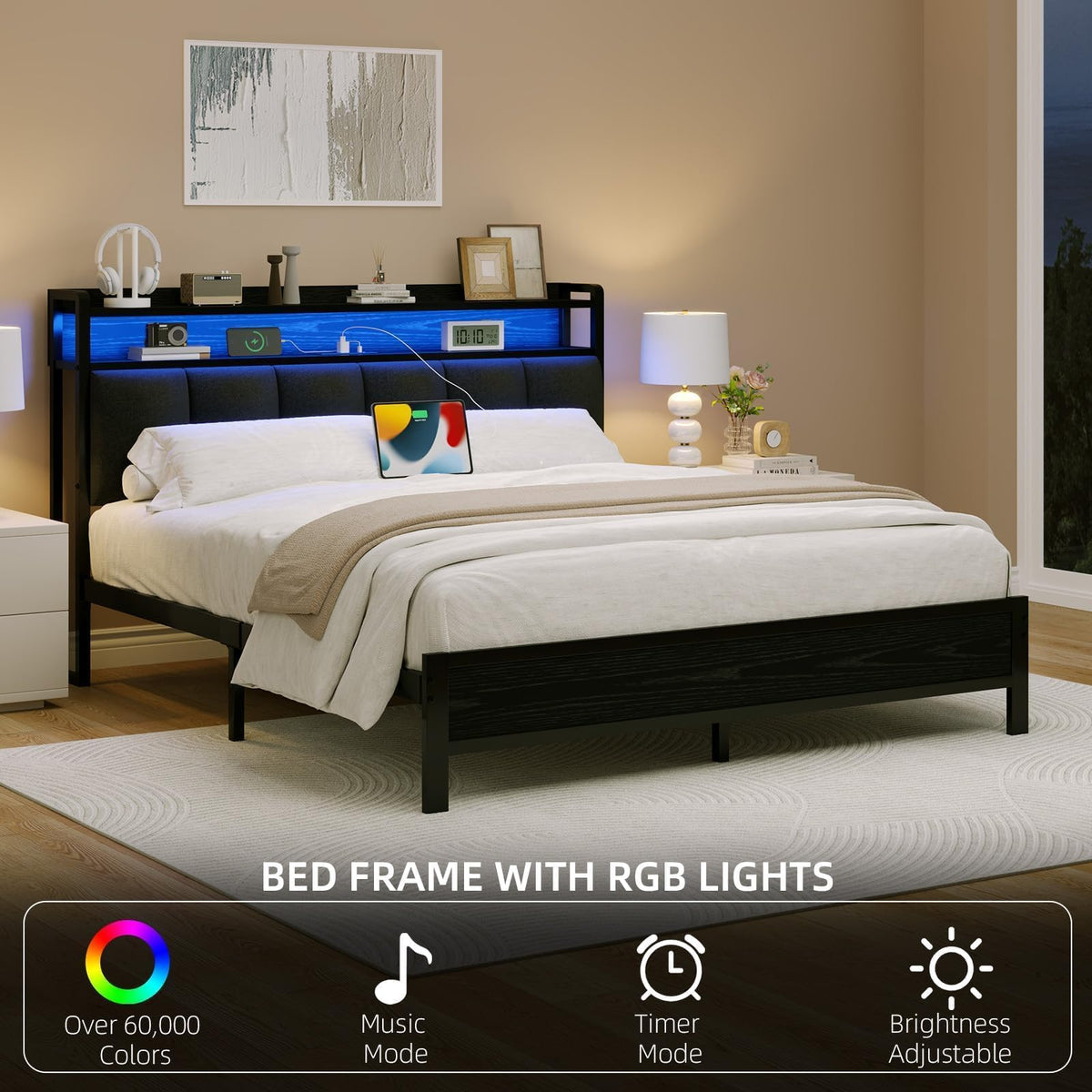 Dark Grey Twin Bed Frame with LED Lights and Charging Station N97989