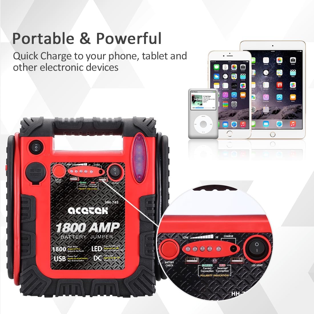 1800A Peak Car Jump Starter, 20000mAh Battery Booster, 12V Portable Power Bank with LED Light W7991