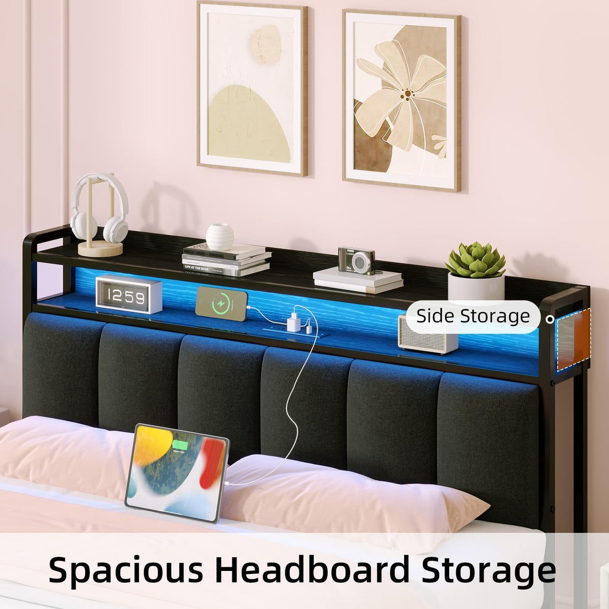 Dark Grey Twin Bed Frame with LED Lights and Charging Station N97989