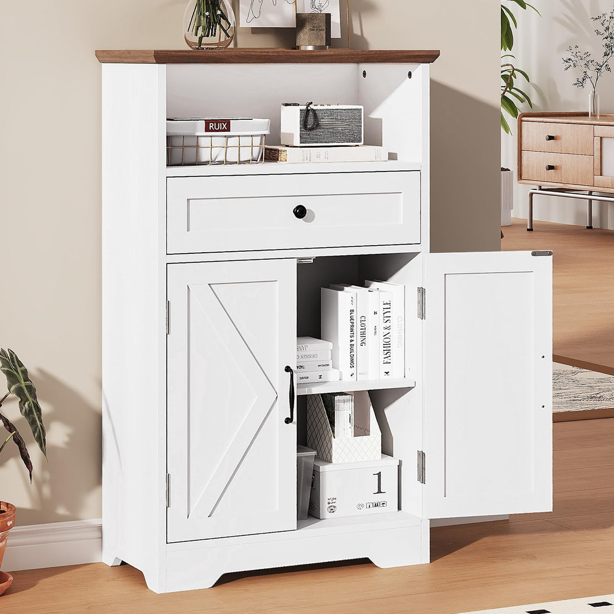 White Storage Cabinet with Barn Doors and Drawers V34825