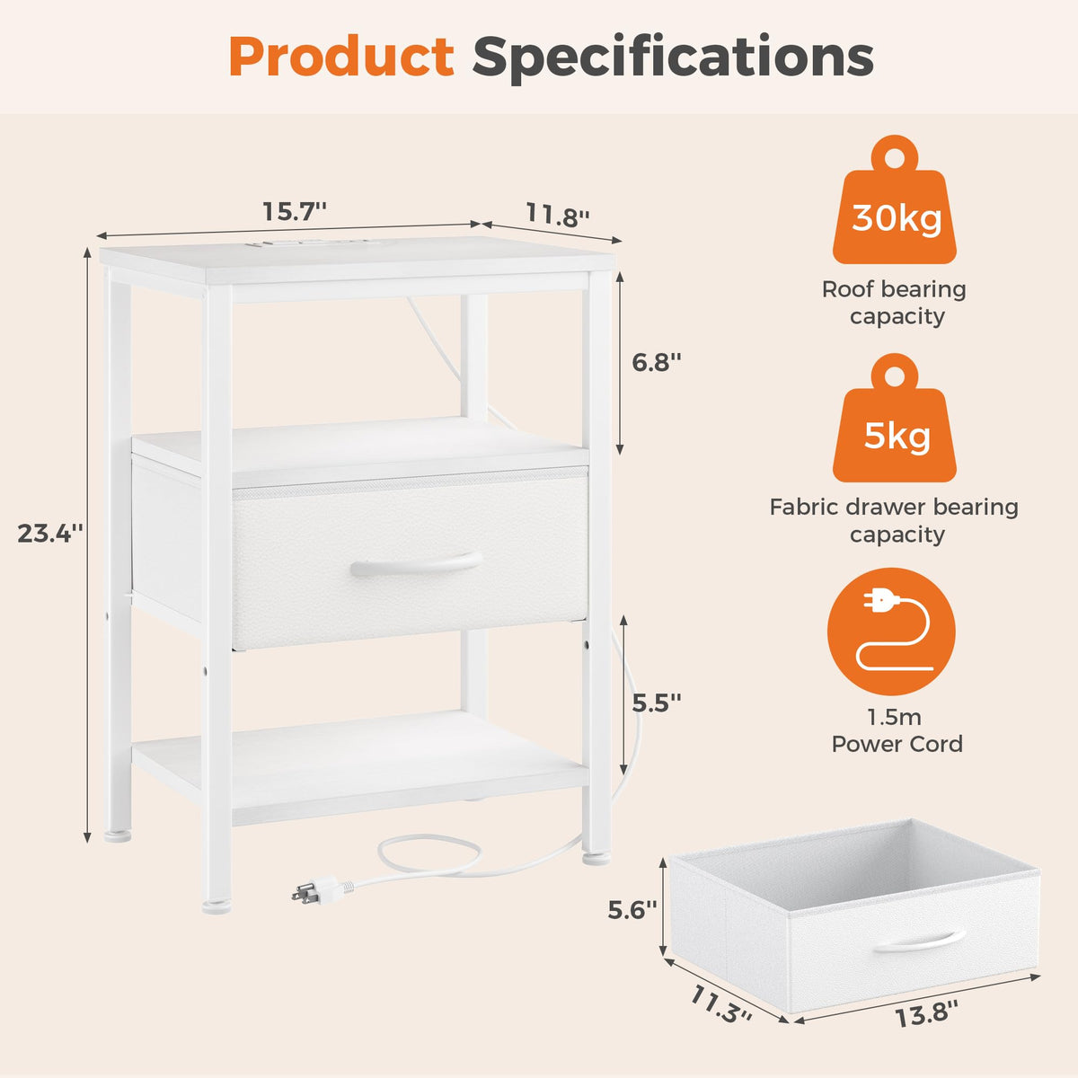 Nightstand with Charging Station, Fabric Drawers Z5845