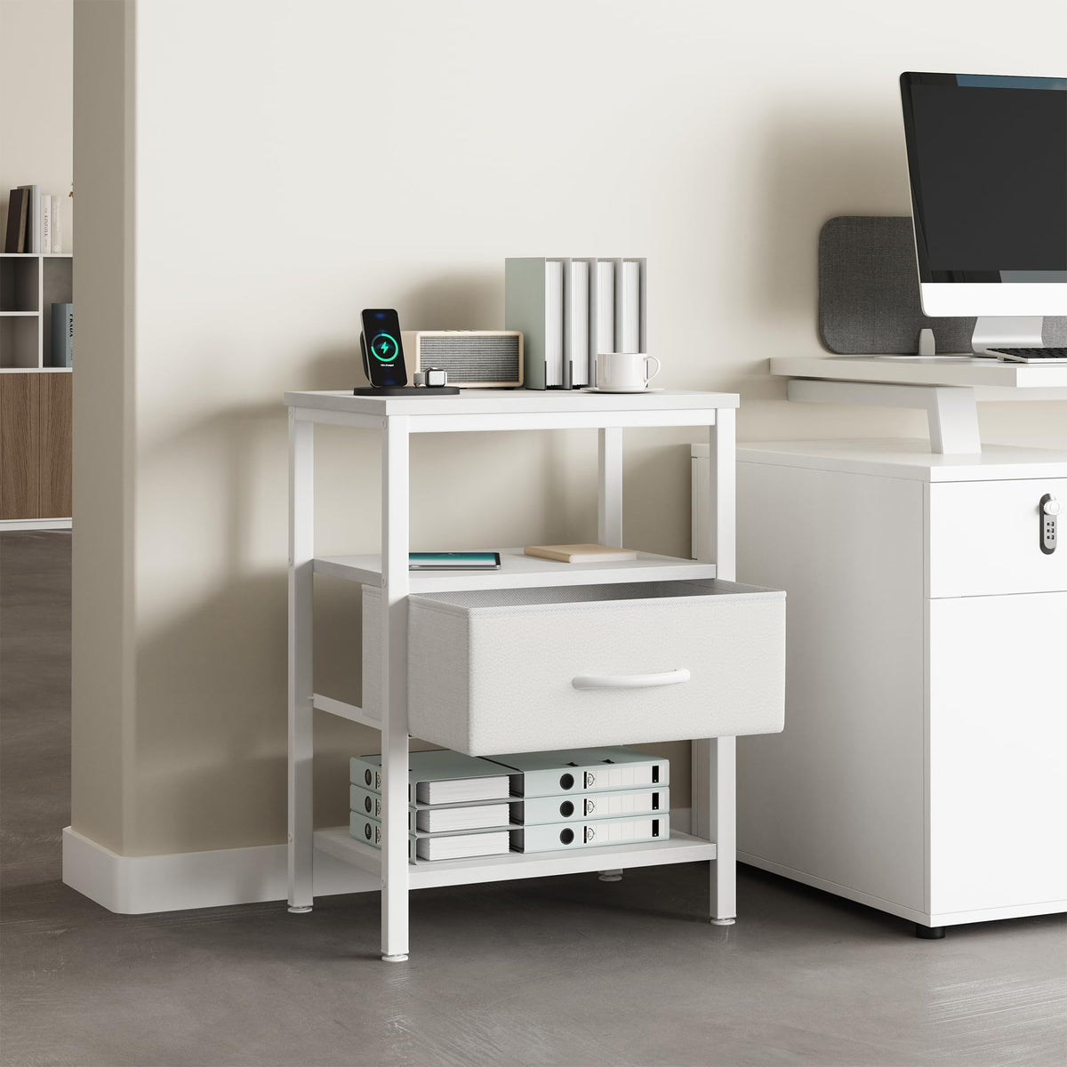 Nightstand with Charging Station, Fabric Drawers Z5845
