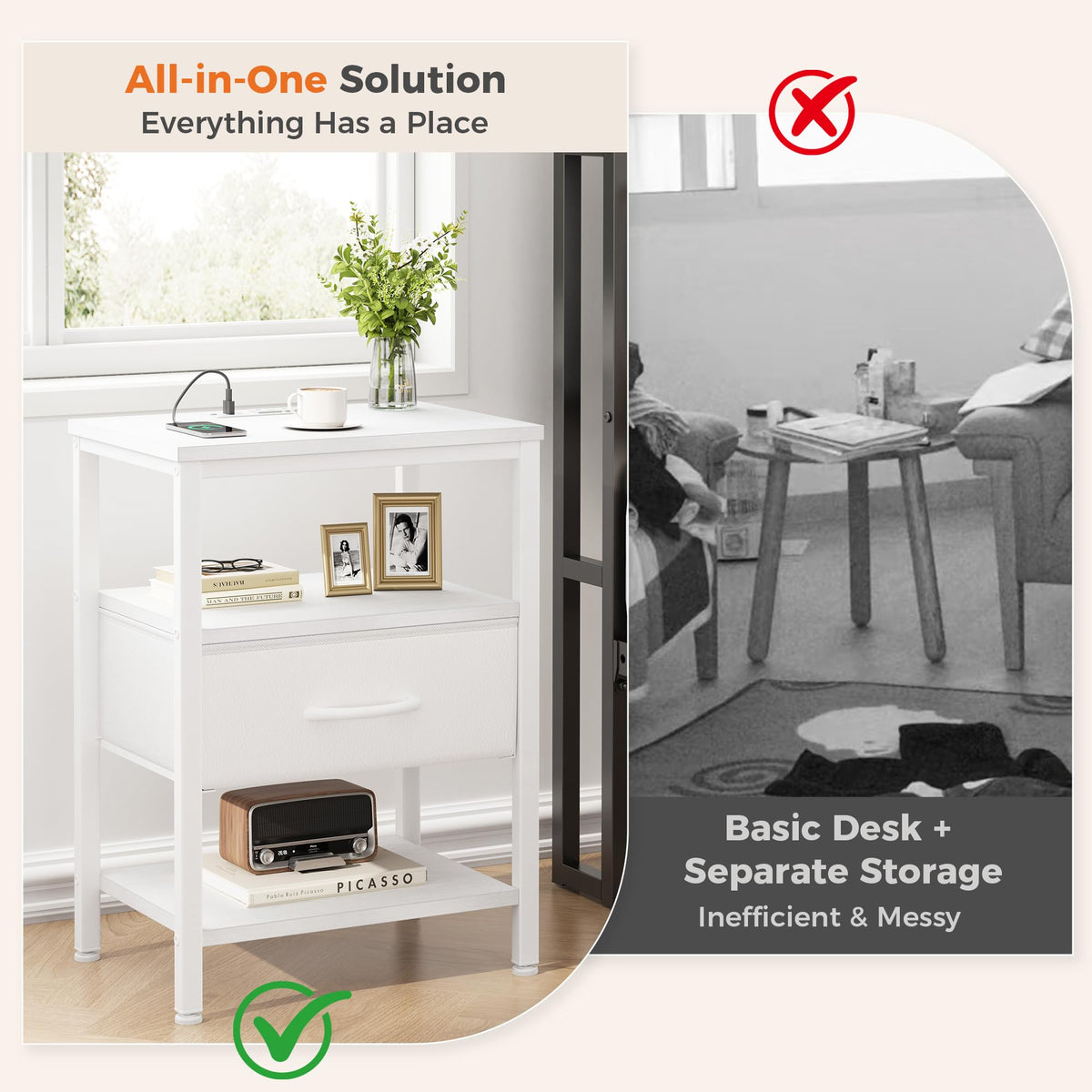 Nightstand with Charging Station, Fabric Drawers Z5845