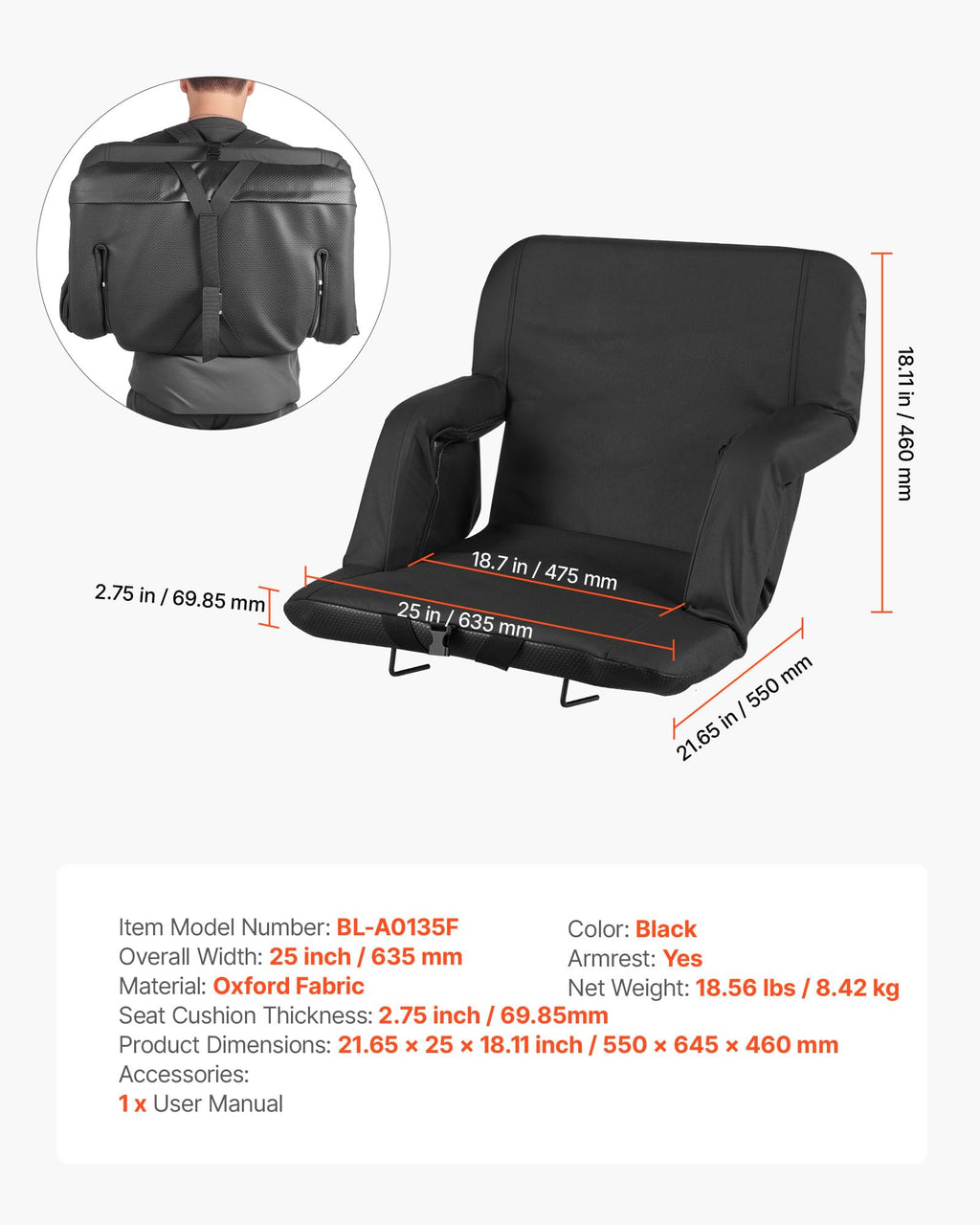6 Adjustable Angle Padded Stadium Seat with Armrest M726433