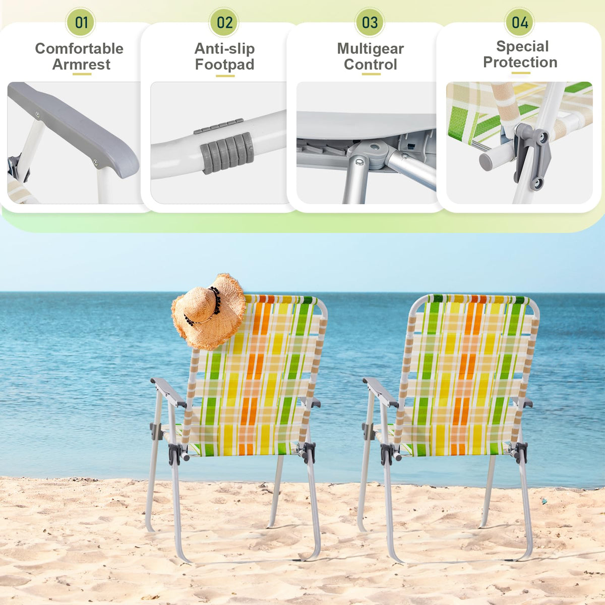 Set of 2 Webbed Folding Beach Chairs Yellow & Green A740488