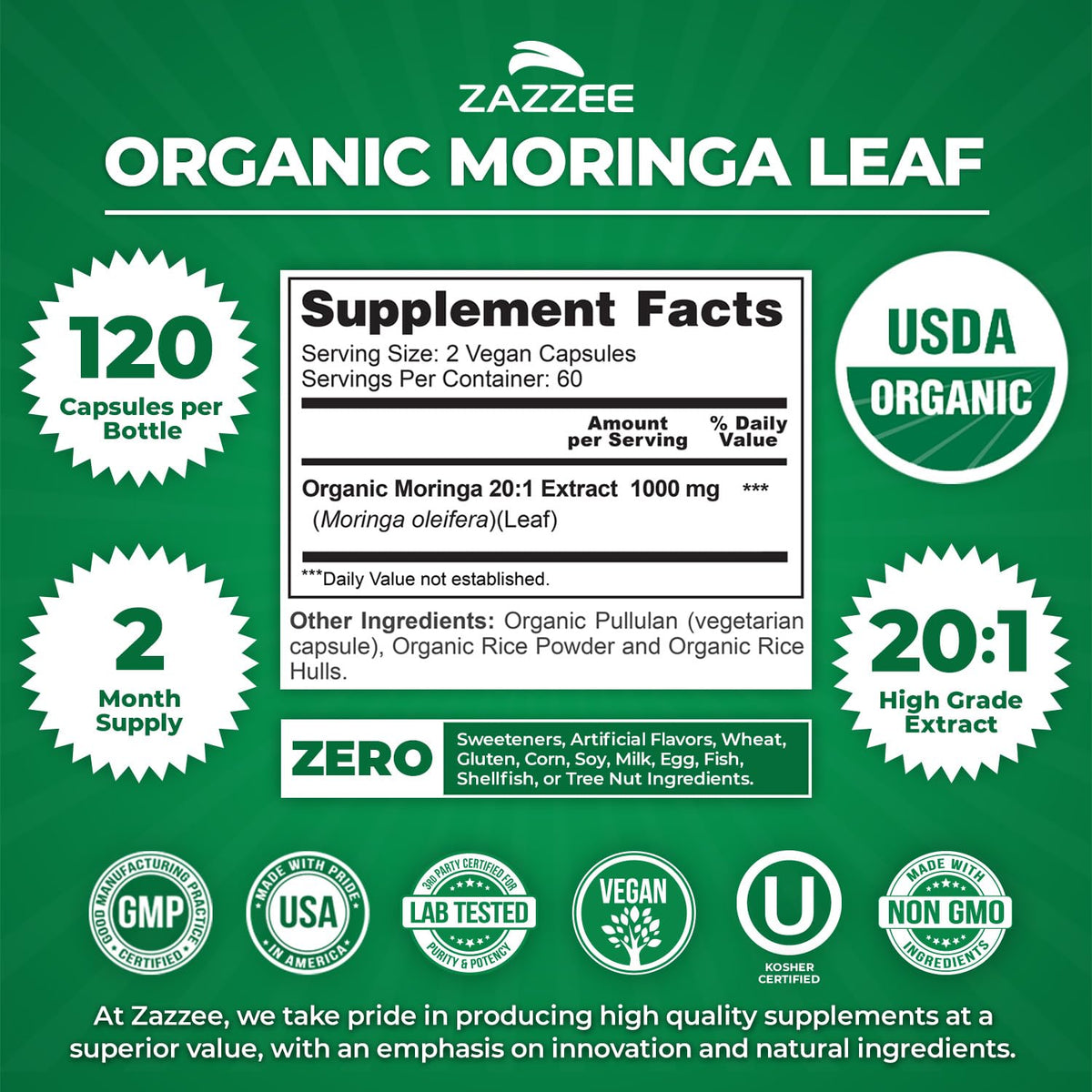 USDA Organic Moringa Leaf 20:1 Extract 120 Vegan Capsules F289514