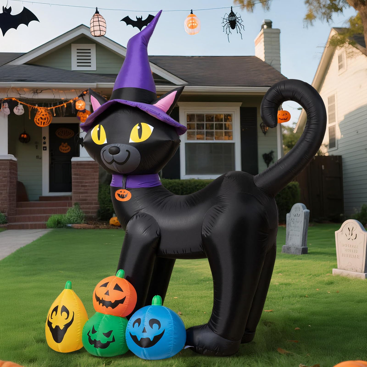 6FT Inflatable Black Cat with Witch Hat and 4 Pumpkins L91177