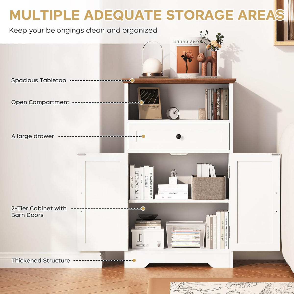 White Storage Cabinet with Barn Doors and Drawers V34825