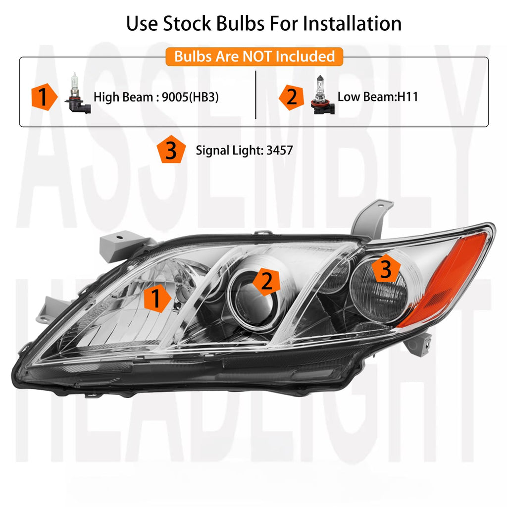 Headlights Assembly for 2007 2008 2009 Toyota Camry Chrome Housing Clear Lens D24418