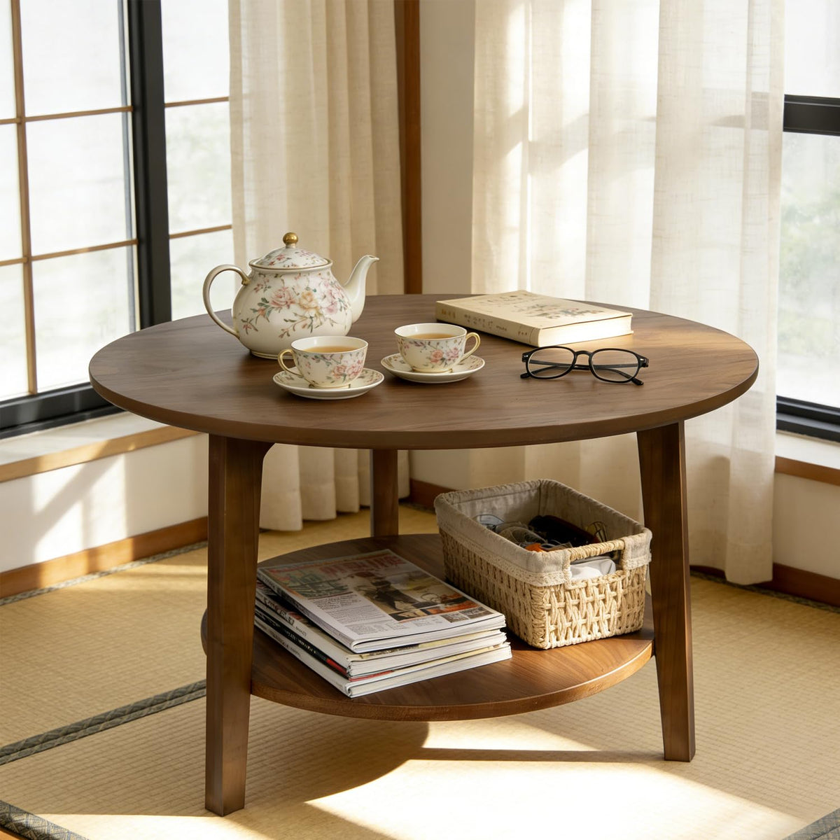 2-Tier Round Wood Coffee Table with Storage Shelf R43322