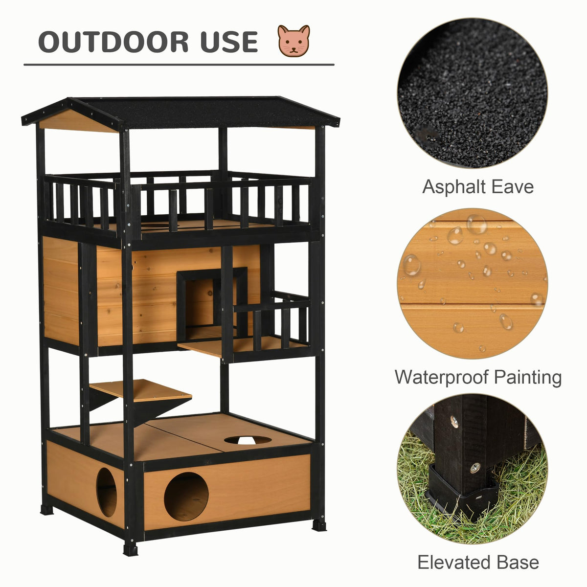 3-Story Wooden Outdoor Cat House with Raised Floor F415576