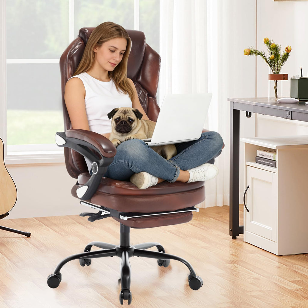 Brown Leather Reclining Office Desk Chair with Foot Rest B578