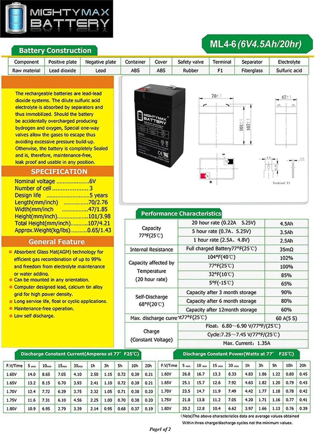 6V 4.5AH Replacement Battery 2 Pack O5465