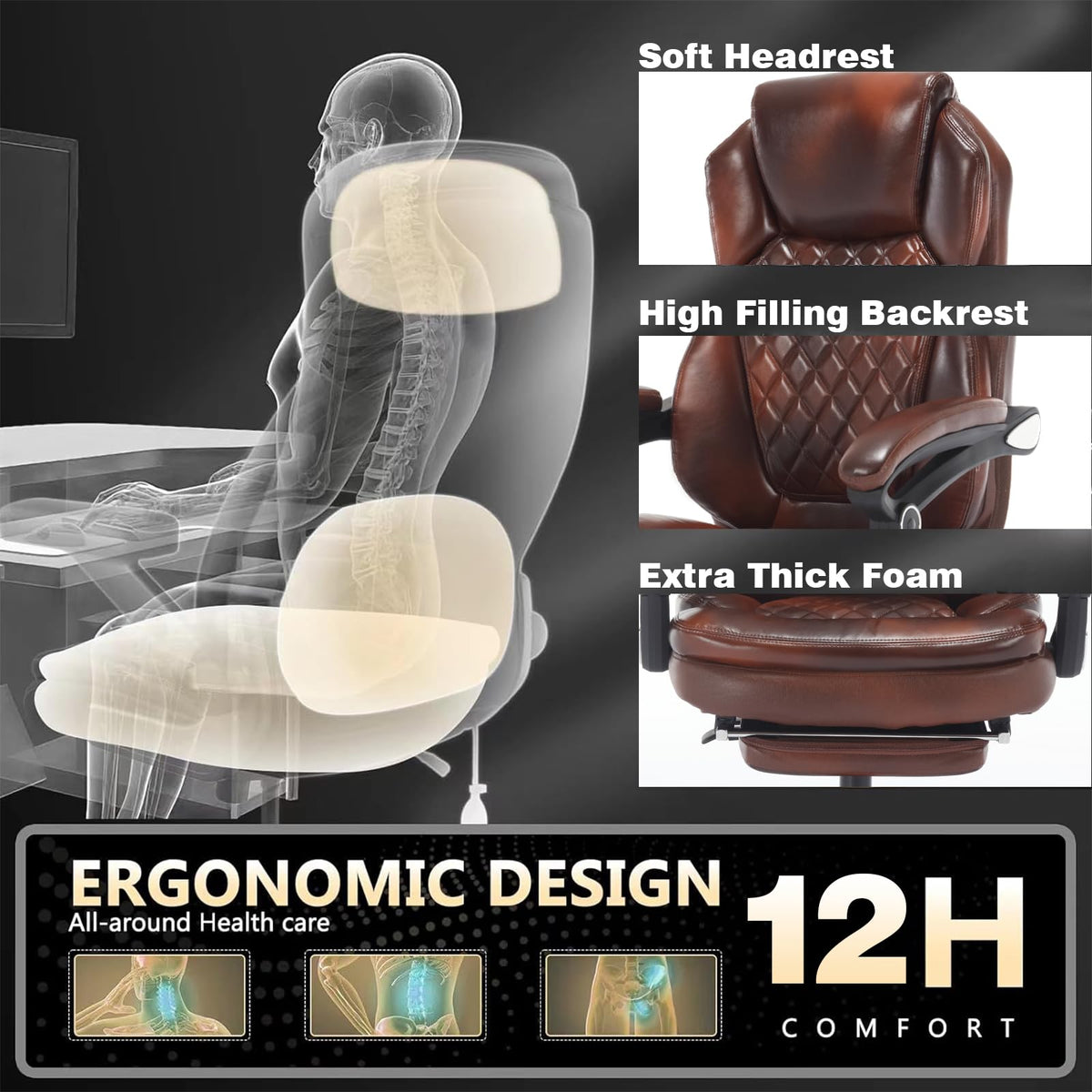 Brown Leather Reclining Office Desk Chair with Foot Rest B578