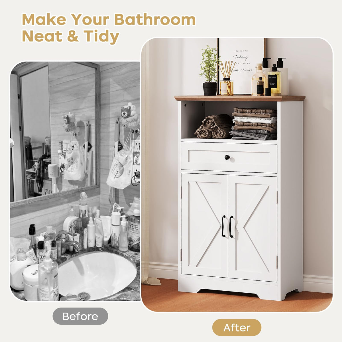 White Storage Cabinet with Barn Doors and Drawers V34825