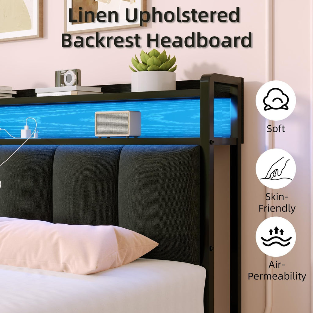 Dark Grey Twin Bed Frame with LED Lights and Charging Station N97989