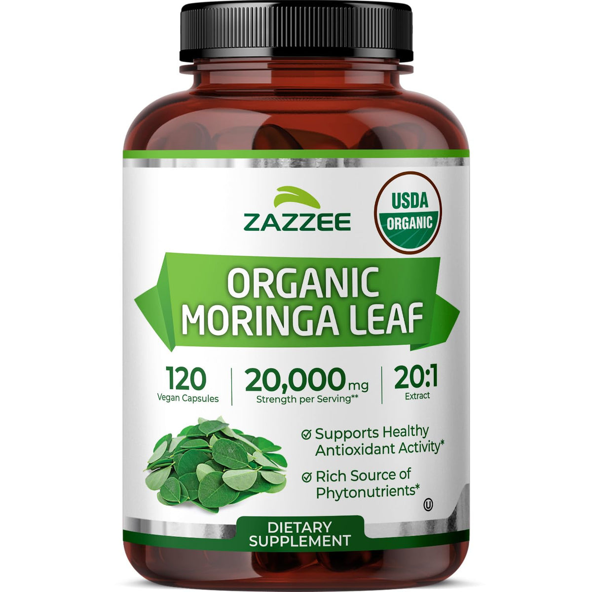 USDA Organic Moringa Leaf 20:1 Extract 120 Vegan Capsules F289514