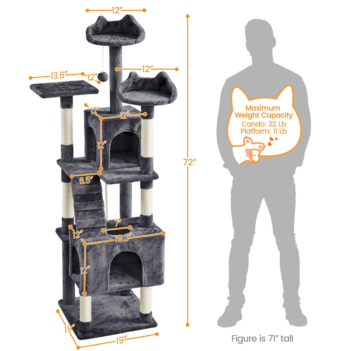 72in Dark Gray Cat Tree Tower with 2 Condos & 3 Perches S884800