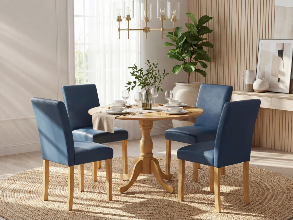 5 Piece Oak Dining Set with Dropleaf Table and 4 Blue Chairs L76910