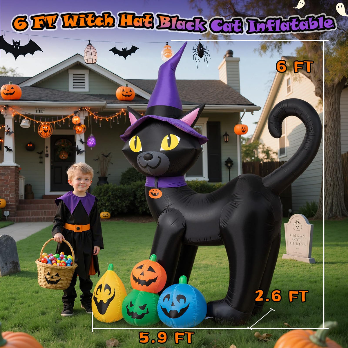 6FT Inflatable Black Cat with Witch Hat and 4 Pumpkins L91177