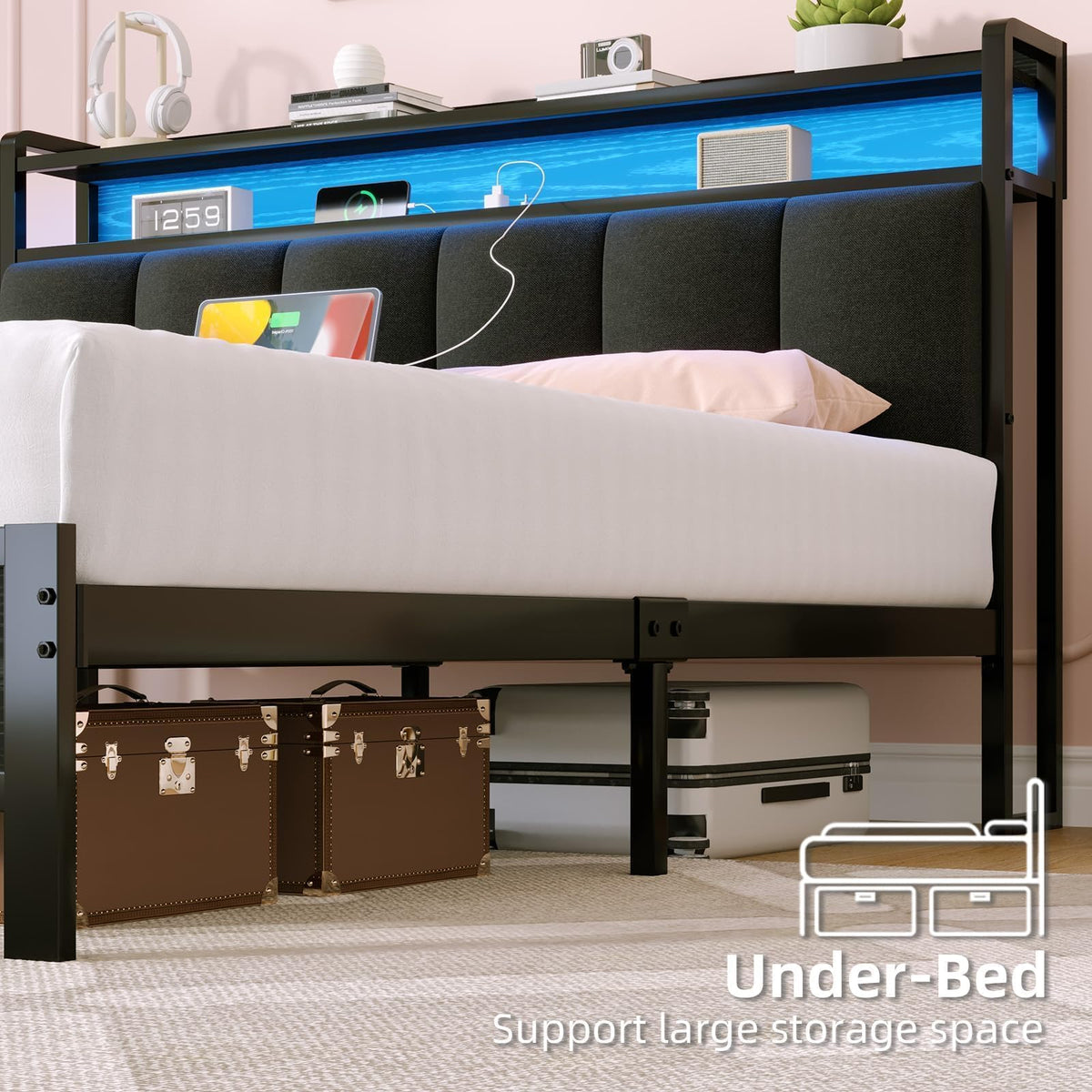 Dark Grey Twin Bed Frame with LED Lights and Charging Station N97989