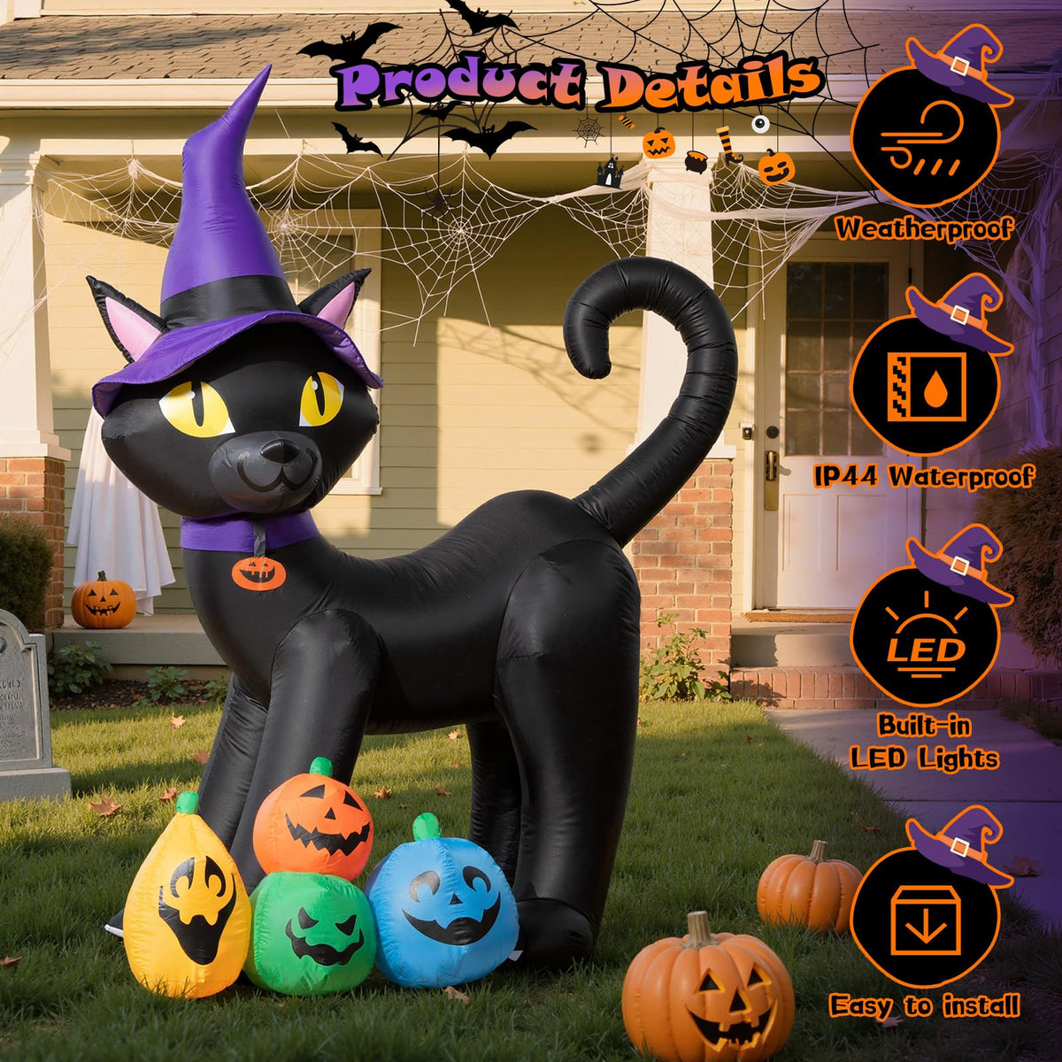 6FT Inflatable Black Cat with Witch Hat and 4 Pumpkins L91177