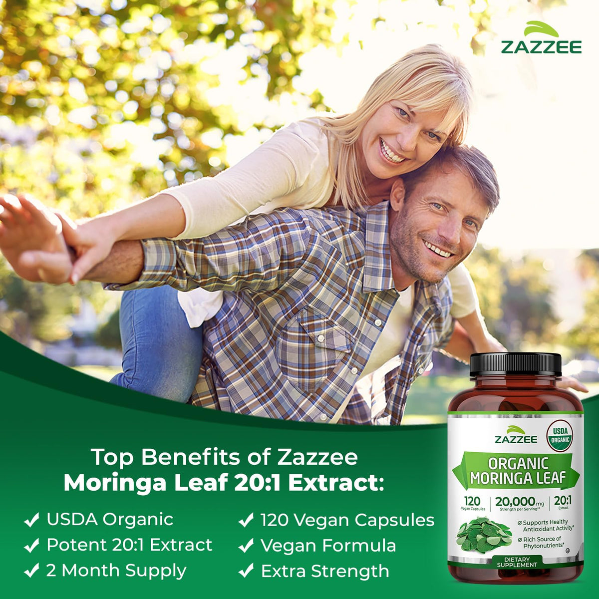 USDA Organic Moringa Leaf 20:1 Extract 120 Vegan Capsules F289514