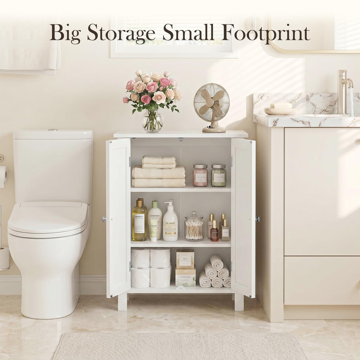 Bathroom Floor Storage Cabinet with Adjustable Shelf and Double Door T95854