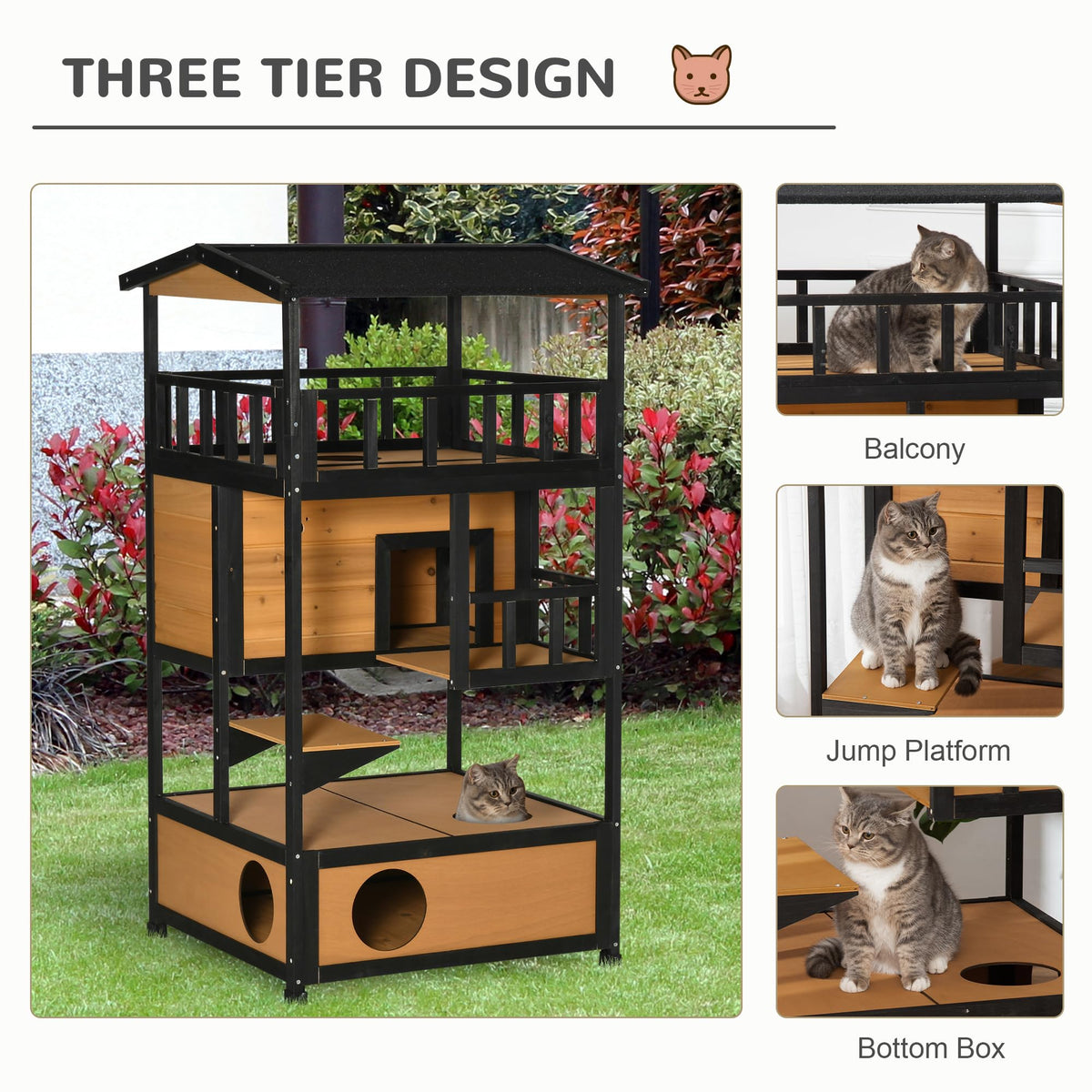 3-Story Wooden Outdoor Cat House with Raised Floor F415576