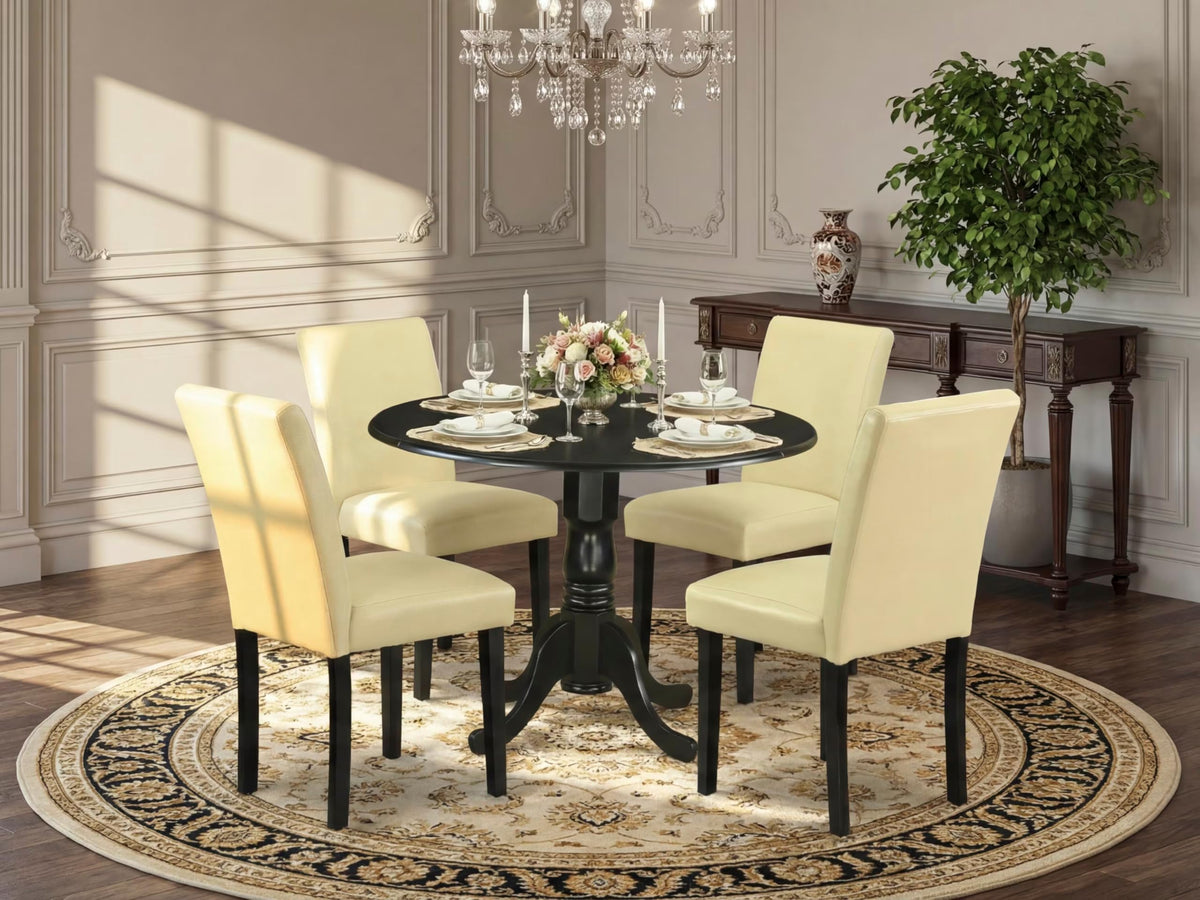 5 Piece Round Dining Table Set with Dropleaf and 4 Faux Leather Chairs I24344