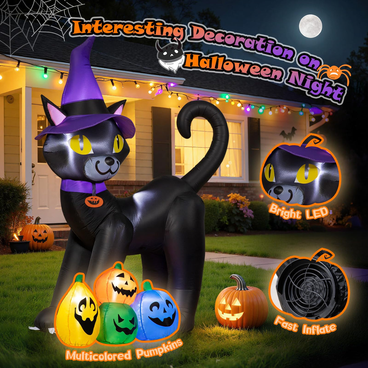 6FT Inflatable Black Cat with Witch Hat and 4 Pumpkins L91177