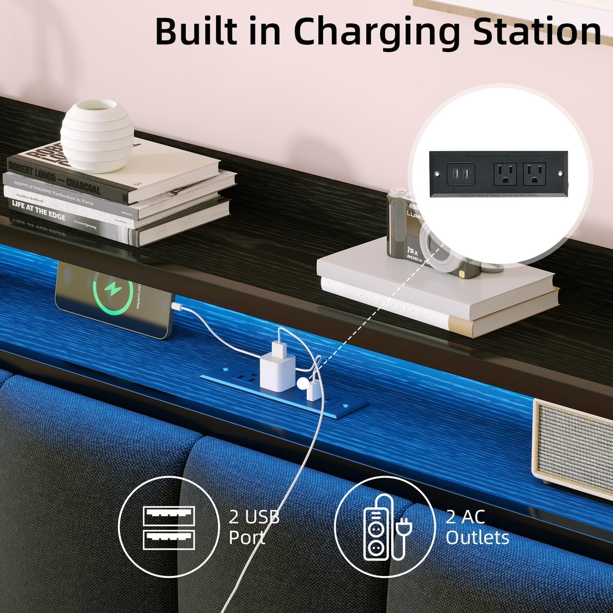 Dark Grey Twin Bed Frame with LED Lights and Charging Station N97989