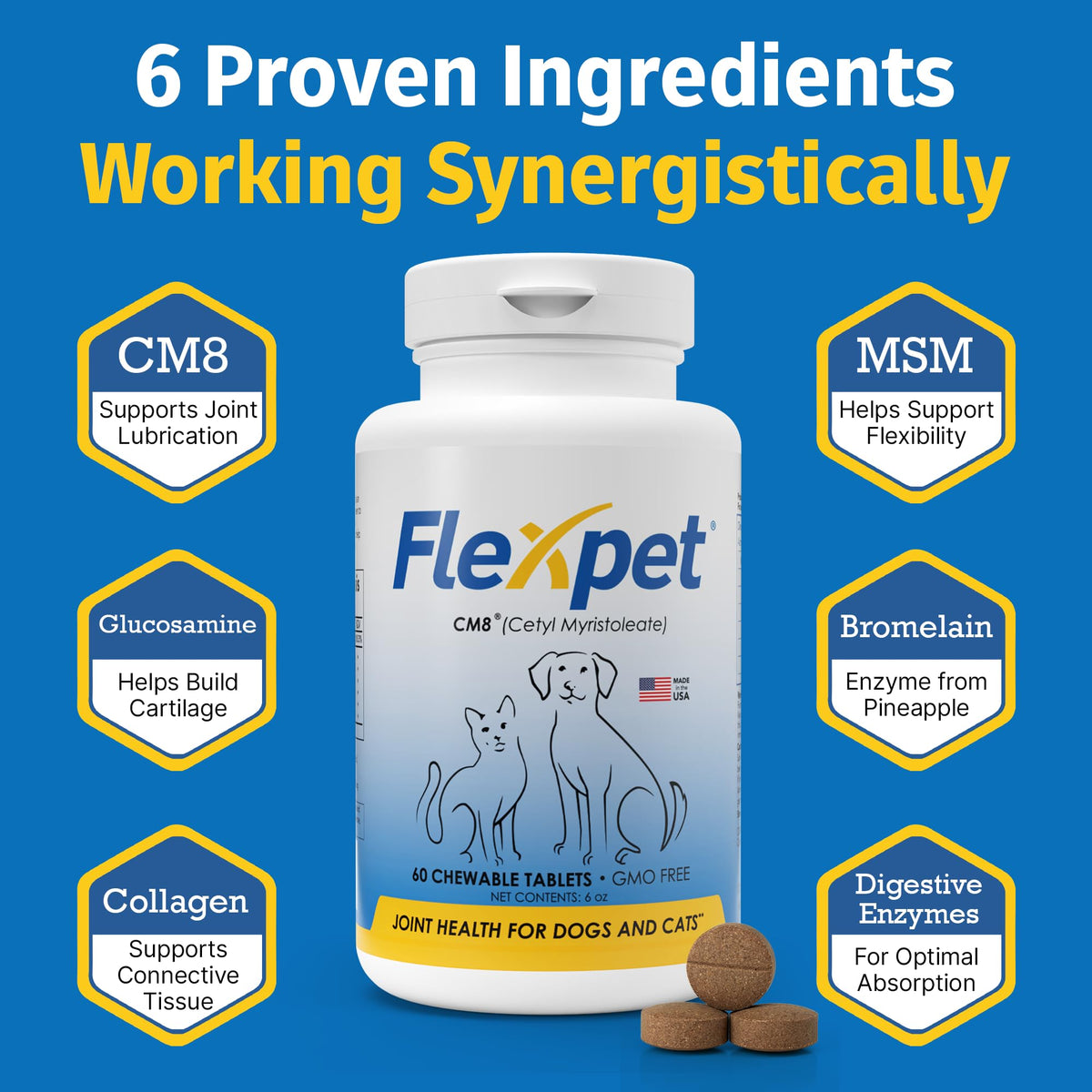 Hip & Joint Supplement for Dogs & Cats with Glucosamine, Collagen, MSM - 60 Tablets X637582